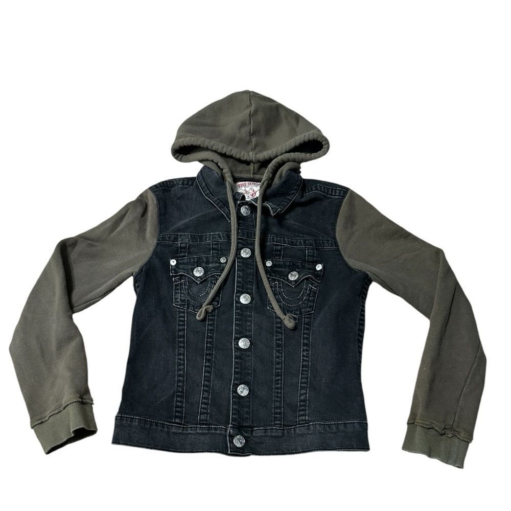True Religion Section Trucker Jacket Womens L Hooded Denim Black Y2K Streetwear